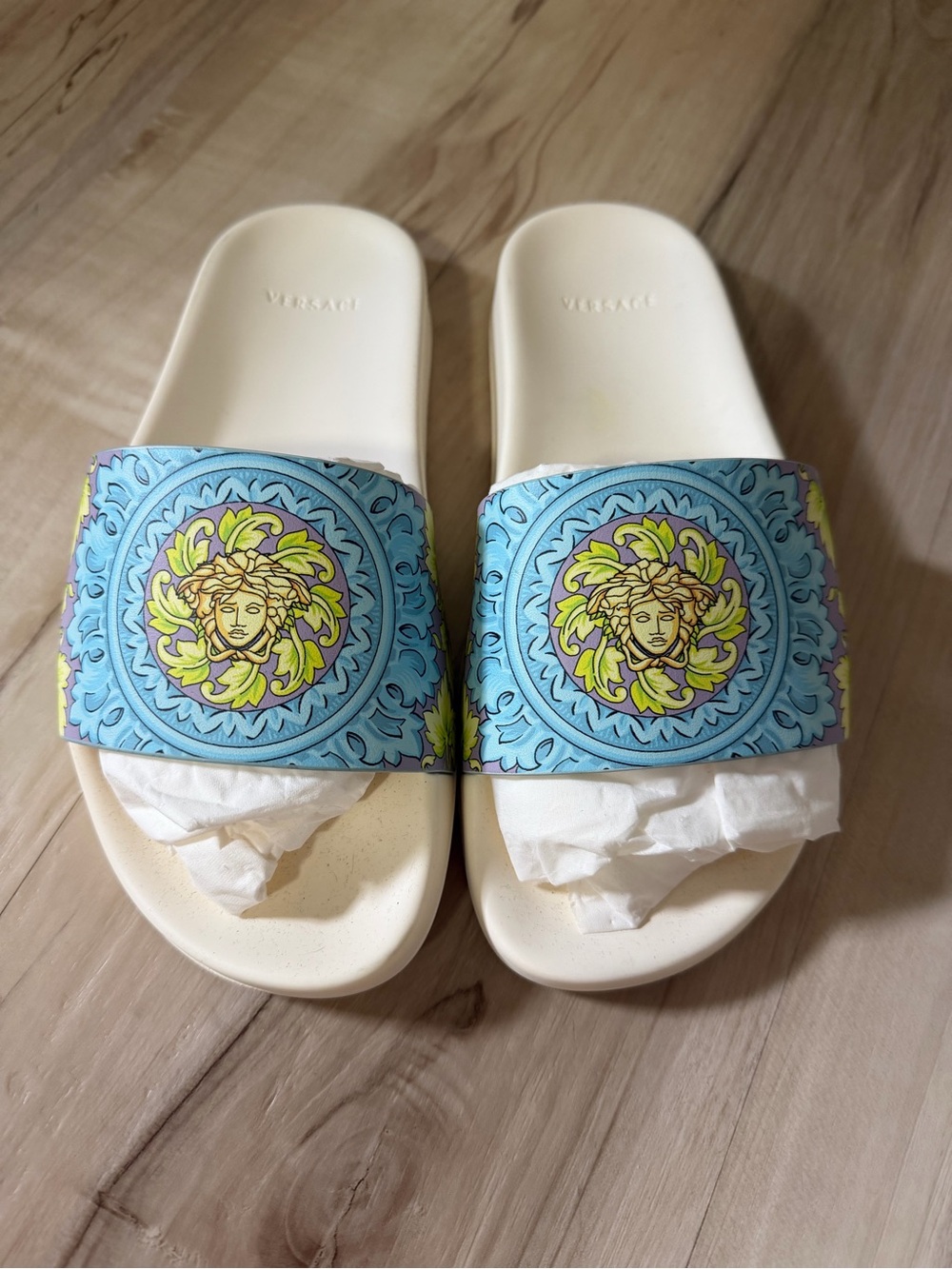 Versace White Slides with Blue and Yellow Medusa Print